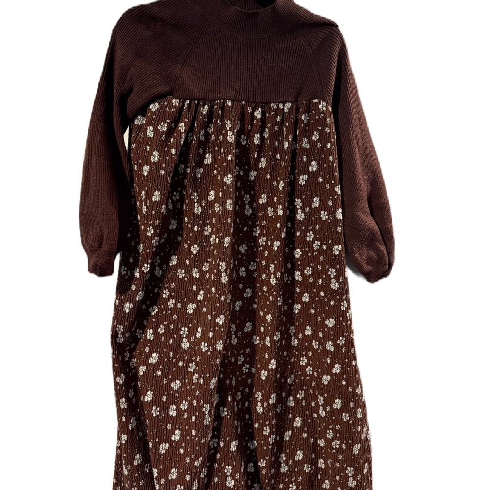 Brown Floral Long Sleeve Maxi Dress